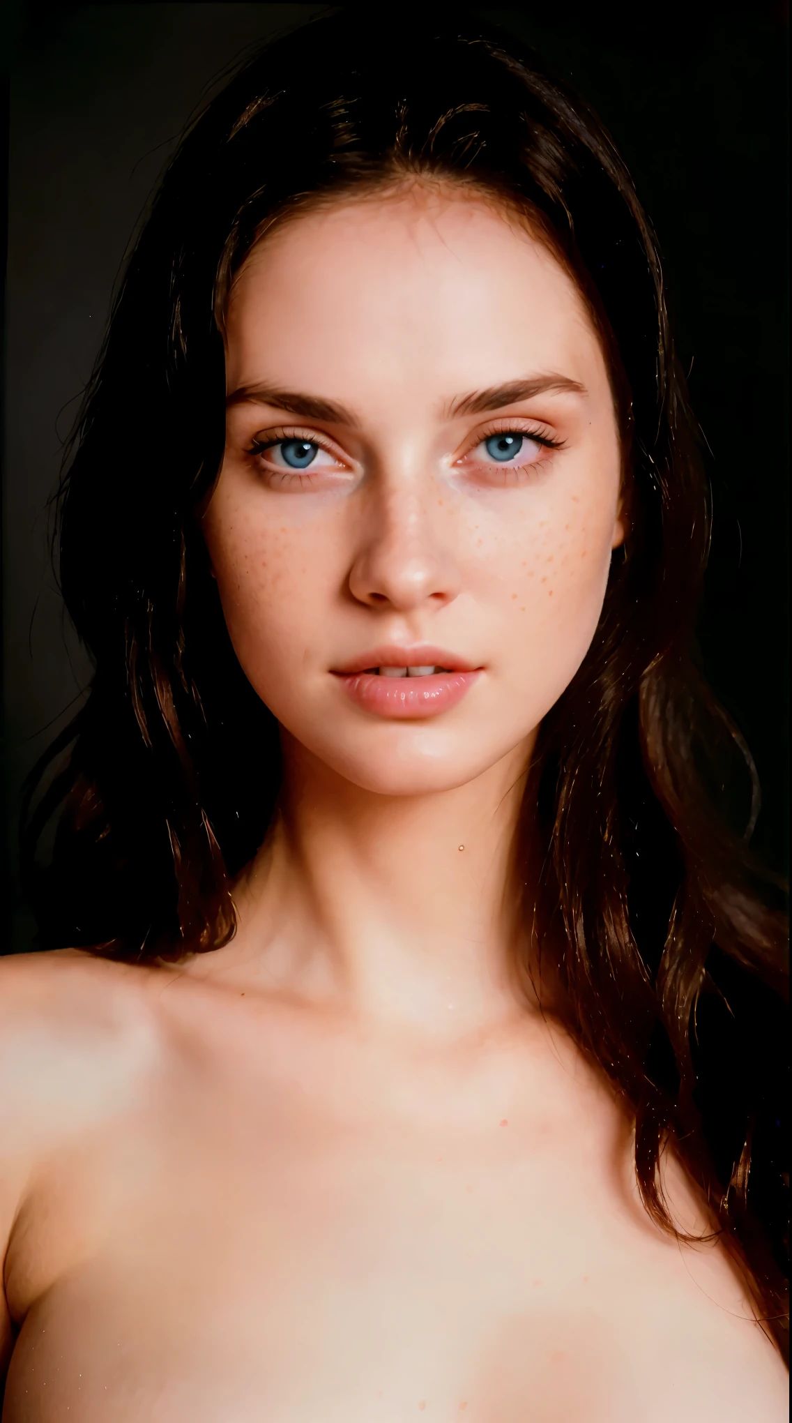(best quality, hyperdetailed photography:1.2), beautiful lady, freckles, dark makeup, soft light, pink lips, blue eyes, snoopy breast,massive perfect breast,head and breast portrait, cover, (detailed beautiful face, detail skin texture, ultra-detailed body:1.1) sexy vampire girl,,, naked breast, realistic skin texture extreme details, 1 woman, 8k, photorealistic, (close-up, editorial photograph of a 1 woman), (highly detailed face:1.4) (smile:0.7) (background inside black, moody, private study:1.3) POV, by lee jeffries, nikon d850, film stock photograph ,4 kodak portra 400 ,camera f1.6 lens ,rich colors, hyper realistic ,lifelike texture, natural lighting , cinestill 800, natural makeup , too white skin, ultra realistic 8k cg, (dark background, delicate pattern, intricate detail, highly detailed, fine details), best quality, (photorealistic:1.4),beautiful lighting, absurdres, RAW photo, film grain, ((big breasts, slim girl, close-up, portrait)), ((Unreal Engine 5)), Realistic Rendering, photorealistic, bokeh, motion blur, masterpiece, highres, 1080P, super detail, textured skin., big breast, perfect eyes, lovely, very young woman