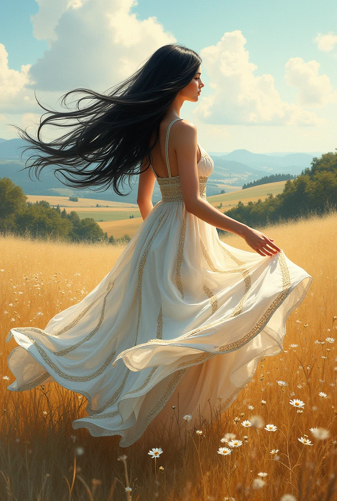 Like a detail painting and breath pro-style watercolor wash and wax style art, Rural serenity consept, breathtaking craftmanship, dynamic movement postural poses, magnific view,infinity aesthetic composition, black long hairs symphony,Deep breath pro-style dress made with tintriguing, striped, striked rope, lines, fligree, chiaroscuro shadow,innovative lights effects By Eve Ventrue, perfect looking, flirty, attractive, pretty, Coherence perspective, charmed, expressive,Vogue magazin stylized 