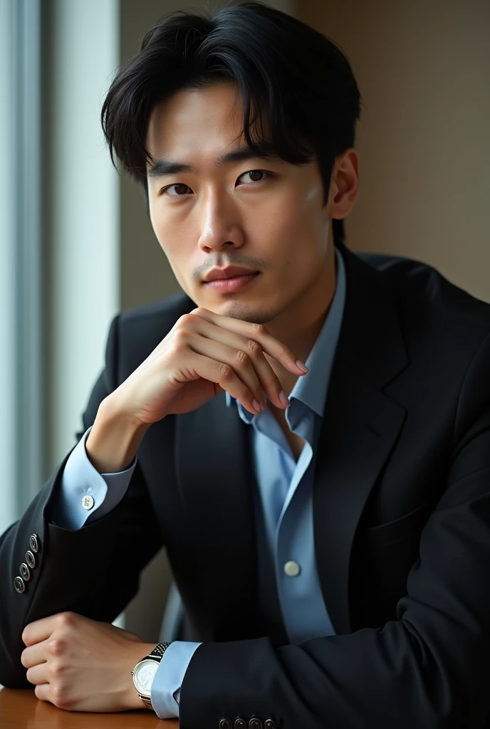 A slim but slightly muscular Japanese man in a suit, Photographed with a smartphone, Top quality, 1 beautiful men, Perfect Face, Japanese men, age 34, suit, ((center part hair)), short hair, black hair, ((oily hair)), Sitting in a chair, hands on chin, Posing like a magazine cover,