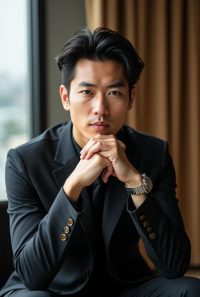 A slim but slightly muscular Japanese man in a suit, Photographed with a smartphone, Top quality, 1 beautiful men, Perfect Face, Japanese men, age 34, suit, ((center part hair)), short hair, black hair, ((oily hair)), Sitting in a chair, hands on chin, Posing like a magazine cover,
