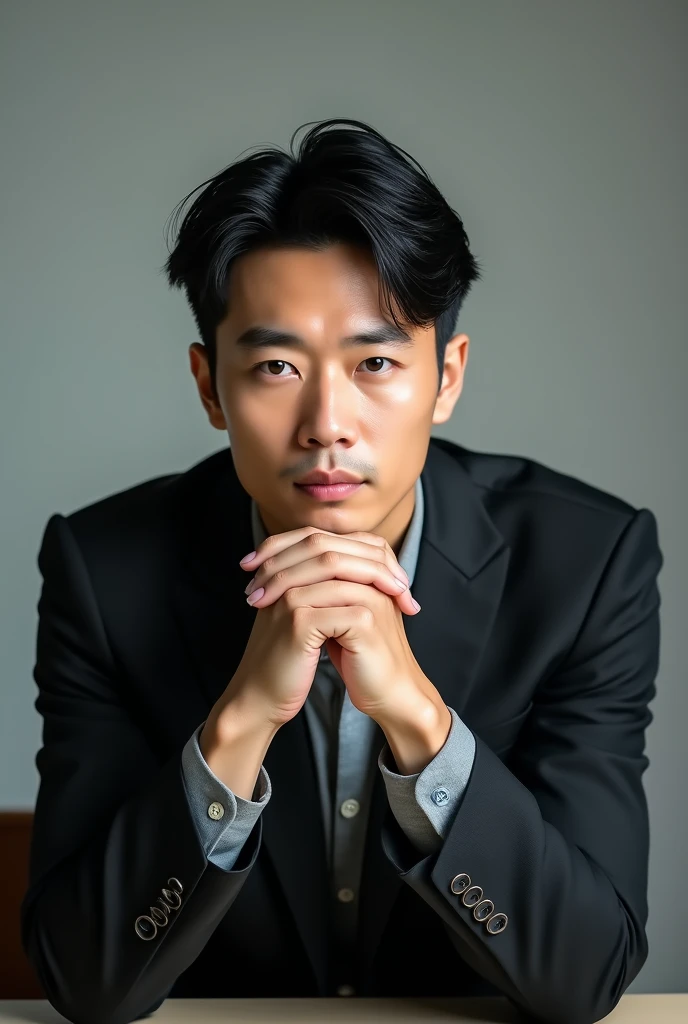 A slim but slightly muscular Japanese man in a suit, Photographed with a smartphone, Top quality, 1 beautiful men, Perfect Face, Japanese men, age 34, suit, ((center part hair)), short hair, black hair, ((oily hair)), Sitting in a chair, hands on chin, Posing like a magazine cover,