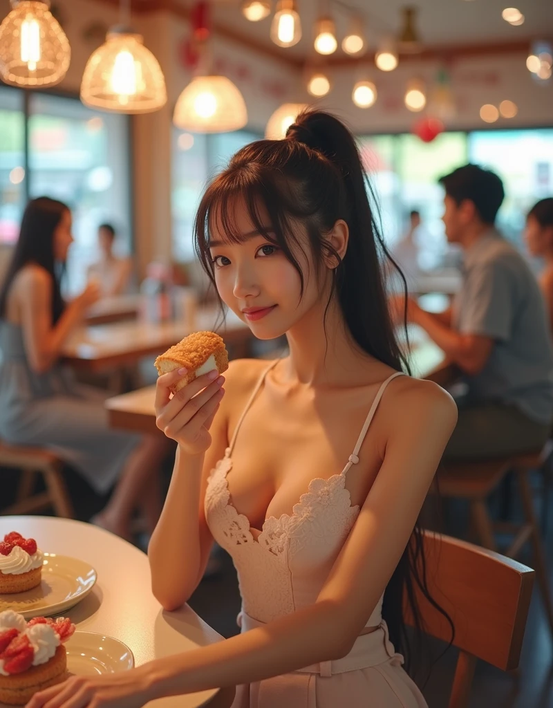 Photo, live action, A young 1 Japanese idol with an impressive slender figure and G-cup breasts wears a long ponytail tied behind her back and a tank top that accentuates her ample bust. The flared skirt extends to just above her knees, showing off her toned legs. As she deliciously tastes the shortcake, a little cream on her mouth adorns her happy expression. Set in a bustling sweets shop, the idol sits at a table and many customers are captivated by her shining charm.