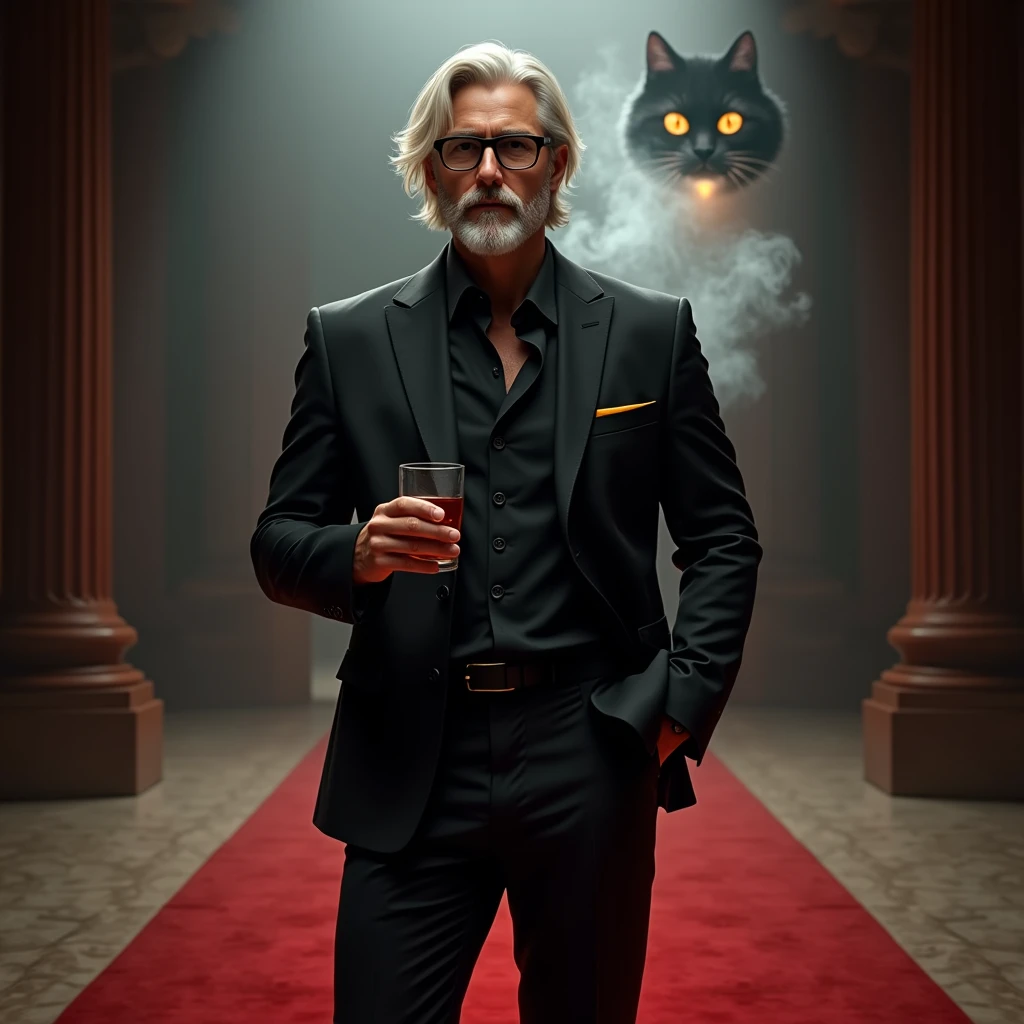 Create a realistic image where a young business man with mid long white coloured hair and beard but he's actually young and wearing black luxury suit and a ni black spectacles and standing on luxury floor with red carpet, he's holding a whiskey glass in his hand and second hand in his pants pocket, there is smoke in background a shadow of cat and cat's eyes is glowing in yellow colour. The name "Kristoff" is showing in bold effects just infront of the man.