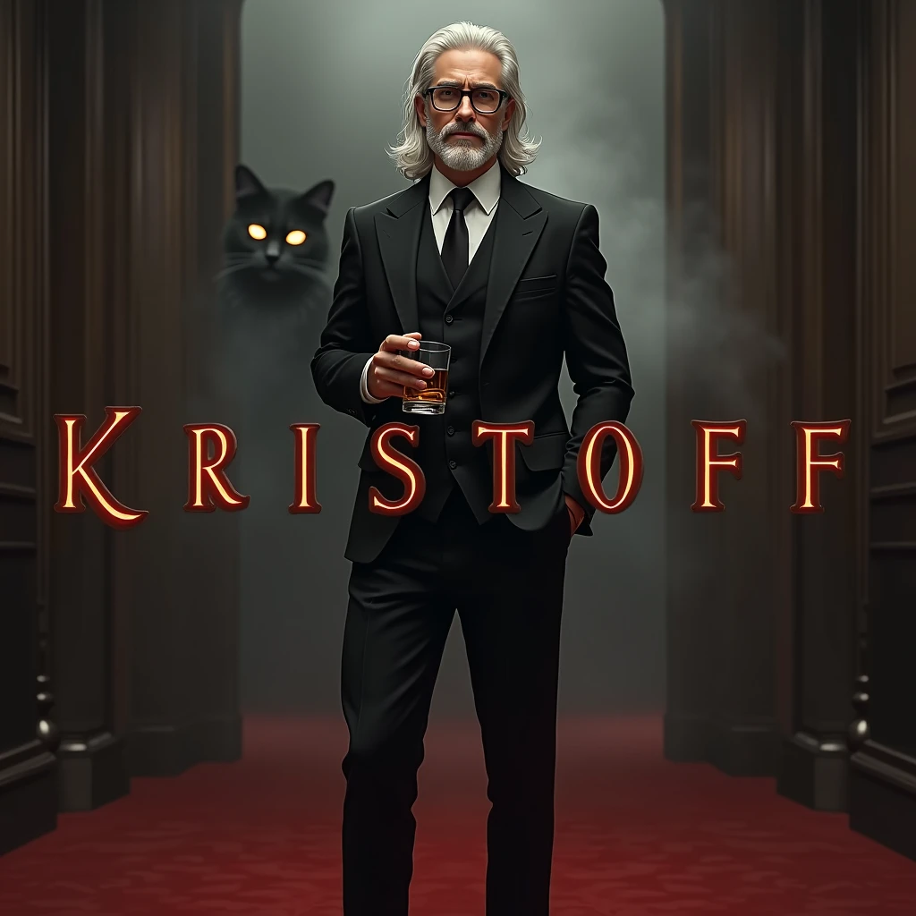 Create a realistic image where a young business man with mid long white coloured hair and beard but he's actually young and wearing black luxury suit and a ni black spectacles and standing on luxury floor with red carpet, he's holding a whiskey glass in his hand and second hand in his pants pocket, there is smoke in background a shadow of cat and cat's eyes is glowing in yellow colour. The name "Kristoff" is showing in bold effects just infront of the man.