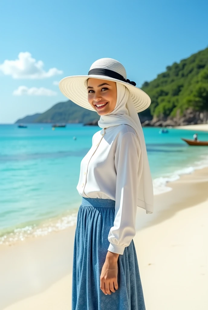 Top Quality, Masterpiece, High Resolution, 8k, Instagram photo, reailistic photo, a young woman white skinned, standing on a sandy beach with the ocean in the background. She is wearing a white hijab and a white blouse with a blue patterned skirt. She has a white hat with a wide brim and a black ribbon tied around it. The woman is smiling and looking at the camera. On the right side of the image, there is a hill covered in greenery and a few boats can be seen in the distance. The sky is blue and the water is a beautiful turquoise color.