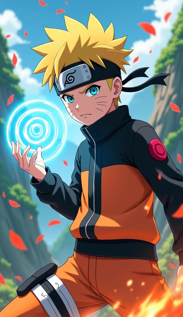 A detailed anime-style image of a young ninja inspired by the Naruto series. The character has spiky blonde hair, bright blue eyes, and a determined expression. He wears an orange and black jumpsuit with a headband that has a metal plate engraved with a leaf symbol. The background shows a mountainous landscape with trees, giving a sense of adventure and action. The character is in a dynamic pose, holding a glowing, swirling blue energy ball in one hand, with fire and leaves swirling around him, capturing the essence of ninja techniques and power.