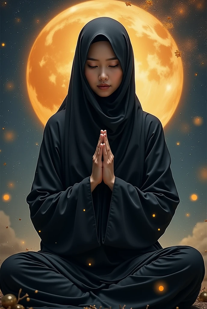 (work: 1.2, Excellent Quality, mirror-like, Cinematic Experience, Photorealistic: 2.0, RAW Photo: 2.0),8k, wallpaper, (1 woman, in hijab), (Detailed hand drawing: 2.0), (Beautiful woman's hands: 2.0 ), (A female wise ninja in the world of illusion:2.0),(Ninja black costume:2.0),(Look at the camera),(Beautiful Eyes,Beautiful and shining eyes),(Woman is on the verge of enlightenment:2.0), (She is meditating:2.0),(The woman's body is enveloped in the aura of enlightenment:2.0),(The background is a universe consisting of 3,000 worlds:2.0),(VFX:2.0,CG:2.0 )