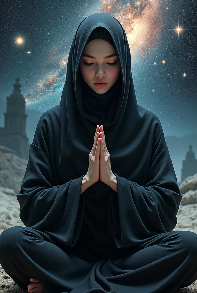 (work: 1.2, Excellent Quality, mirror-like, Cinematic Experience, Photorealistic: 2.0, RAW Photo: 2.0),8k, wallpaper, (1 woman, in hijab), (Detailed hand drawing: 2.0), (Beautiful woman's hands: 2.0 ), (A female wise ninja in the world of illusion:2.0),(Ninja black costume:2.0),(Look at the camera),(Beautiful Eyes,Beautiful and shining eyes),(Woman is on the verge of enlightenment:2.0), (She is meditating:2.0),(The woman's body is enveloped in the aura of enlightenment:2.0),(The background is a universe consisting of 3,000 worlds:2.0),(VFX:2.0,CG:2.0 )