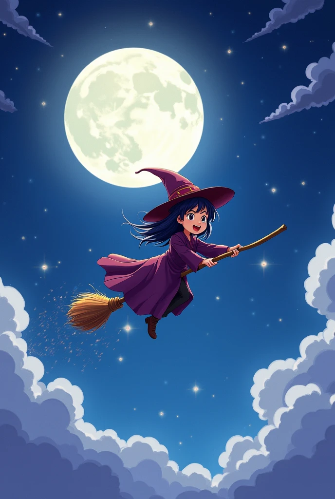 Create an anime image of a little witch riding a broomstick in a full moon sky.