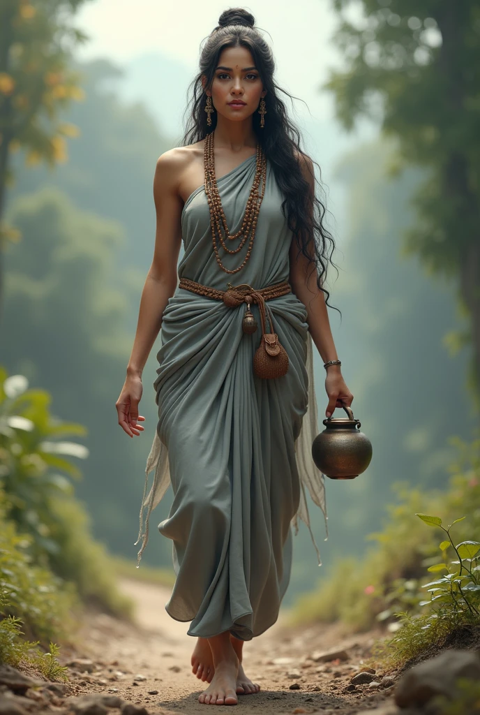 "Create an ultra-realistic image of the beautiful Goddess Brahmacharini, depicted in a simple yet graceful grey saree and matching blouse, symbolizing her ascetic and saint-like nature. The saree should be modest, with minimal decoration, reflecting her life of penance and devotion. Her complexion should be radiant, with a serene and peaceful expression on her face, embodying purity and determination. Her large, calm eyes should reflect deep wisdom and unwavering focus on spiritual goals.
Goddess Brahmacharini should be depicted walking barefoot, emphasizing her ascetic lifestyle and devotion.
She has only two hands,
In her right hand, she carries a Jap Mala (prayer beads),
In her left hand, she holds a Kamandal (water pot).
The background should be a serene, natural landscape, perhaps with a forest or mountain setting, highlighting her life of austerity and connection with nature. The overall image should capture the essence of Goddess Brahmacharini’s beauty, purity, and spiritual dedication, presented in a highly realistic and detailed manner, with her grey saree and saint-like outfit emphasizing her divine and ascetic nature."