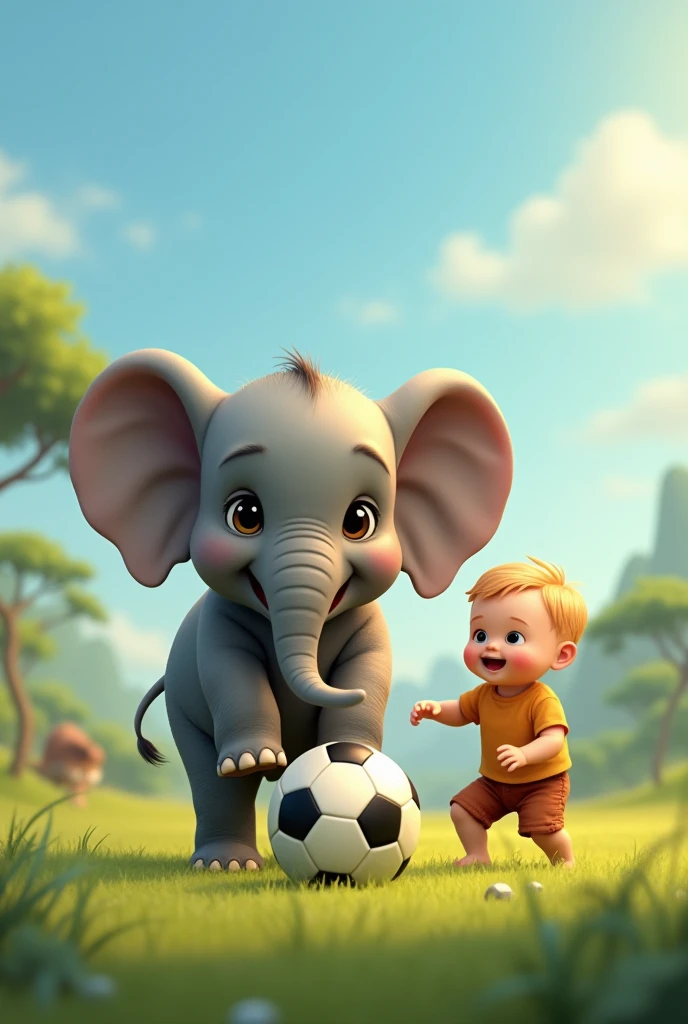 A elephant baby play football with human baby