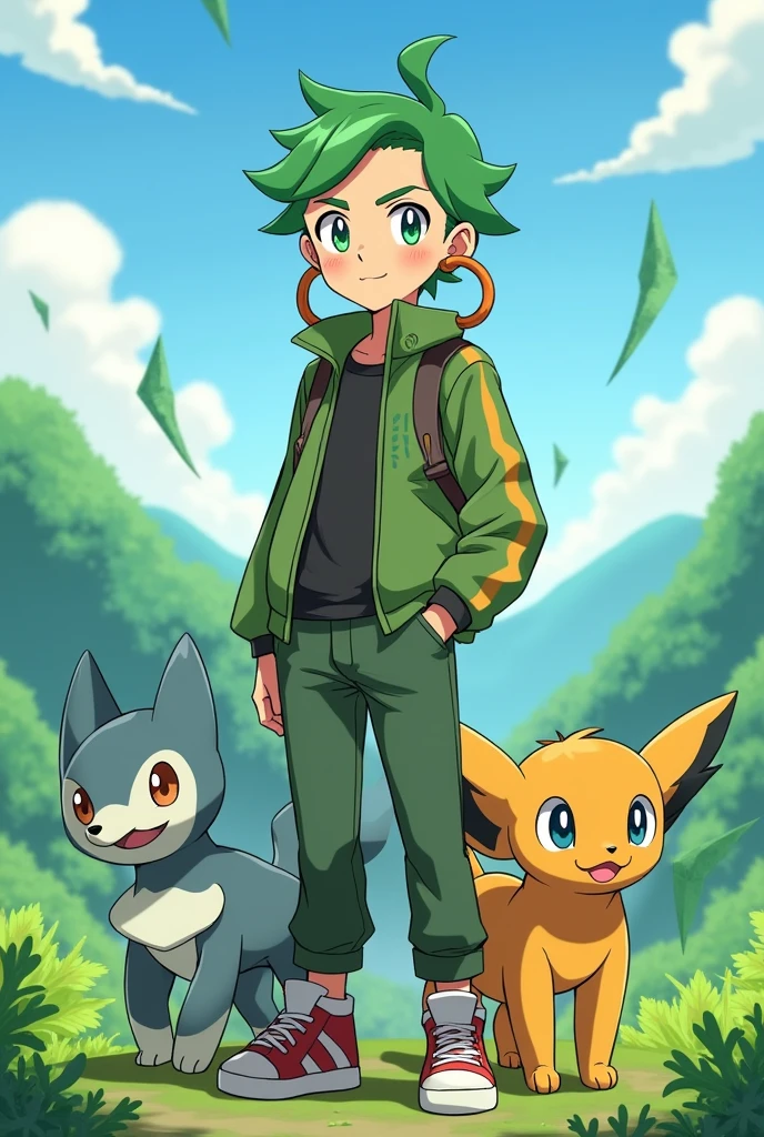 Create "Pokémon trainer Wally wearing hoop earrings"