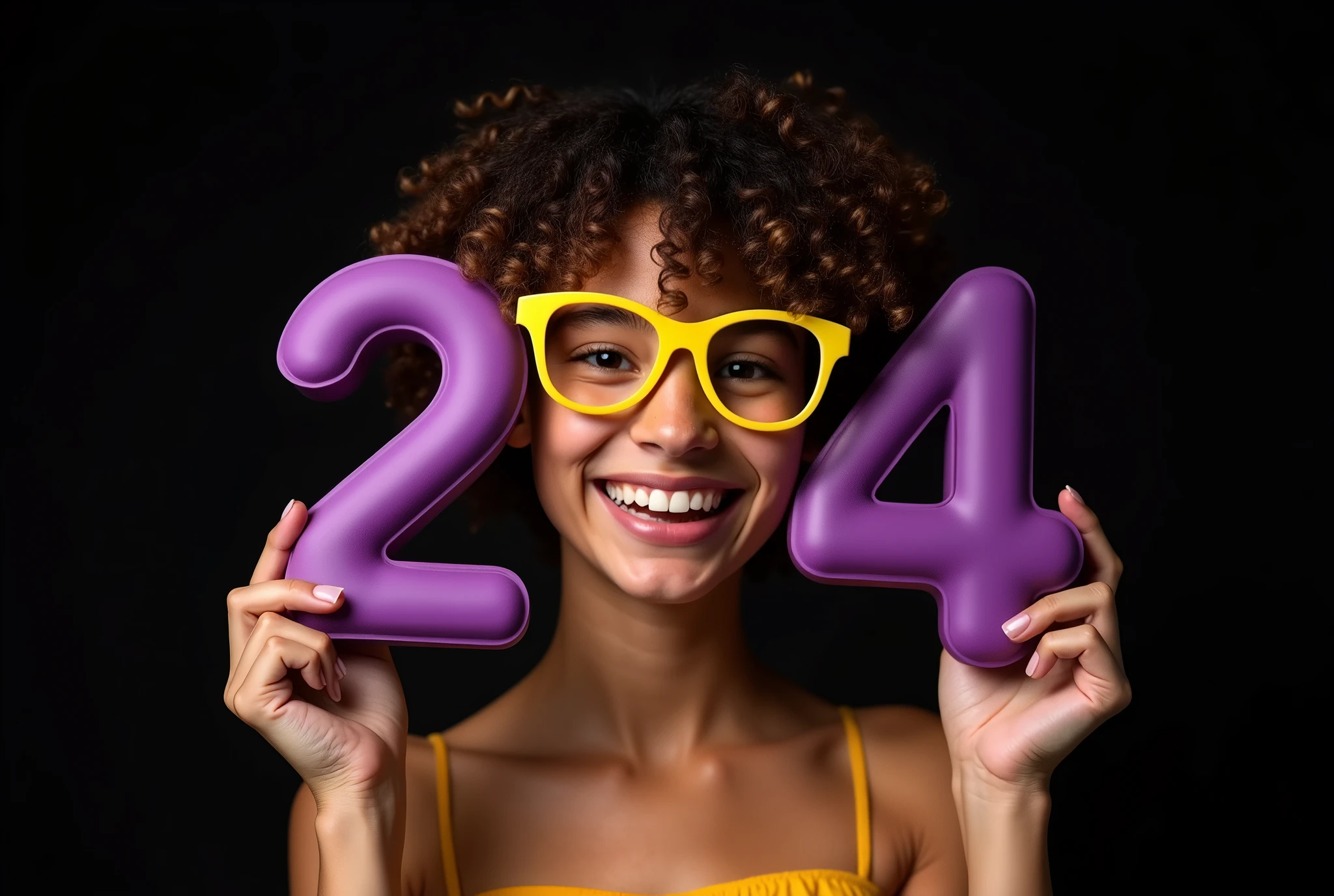 Joyful sexy girl 1 in yellow glasses, advertising photography, holds volumetric purple numbers 24 made of matte plastic, Black background, hairstyle curly hair, Backlight, studio advertising lighting, high detail,