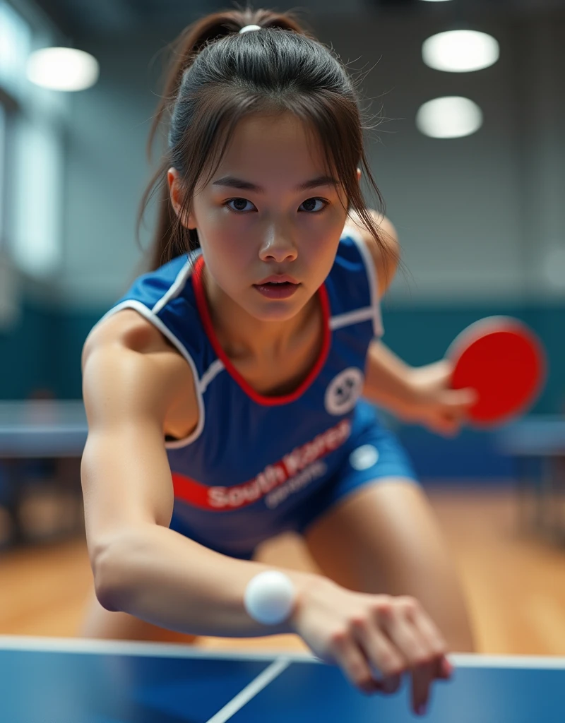 (Photorealism:1.2), beautiful woman, She is playing table tennis.. South Korea national team player.