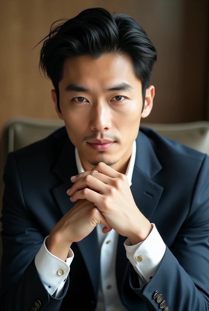 A slim but slightly muscular Japanese man in a suit, Photographed with a smartphone, Top quality, 1 beautiful men, Perfect Face, Japanese men, age 34, suit, ((center part hair)), short hair, black hair, ((oily hair)), Sitting in a chair, hands on chin, Posing like a magazine cover,