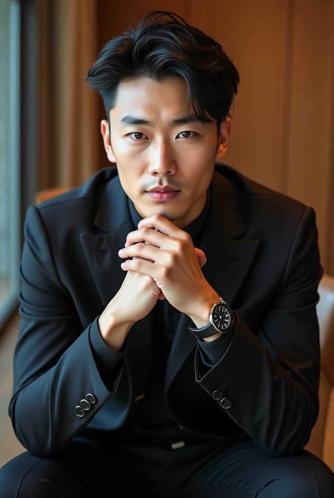 A slim but slightly muscular Japanese man in a suit, Photographed with a smartphone, Top quality, 1 beautiful men, Perfect Face, Japanese men, age 34, suit, ((center part hair)), short hair, black hair, ((oily hair)), Sitting in a chair, hands on chin, Posing like a magazine cover,
