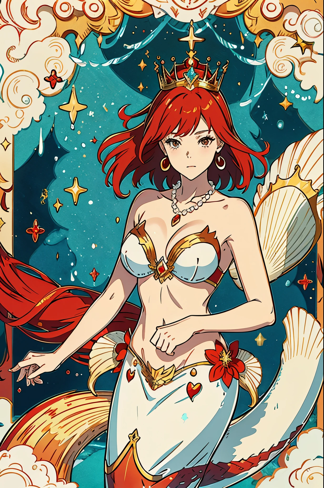 women are,Golden red hair,Bob Hair,mermaid,Red Scales,huge ,小mermaid,shell bra,Princess Crown,Pearl decoration,gem,Undersea background,In the water,