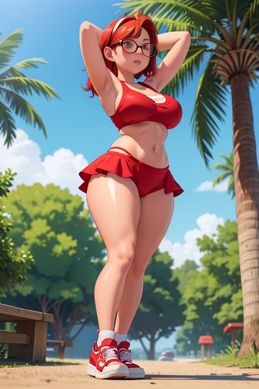 girl with chubby body, showing off her ass, at a park, s0cks, red hair, slingshot swimsuit, glasses, short layered hair, hair band, ((shiny skin, wide hips, large breasts, sneaker shoes)), (((from below view, armpits)))