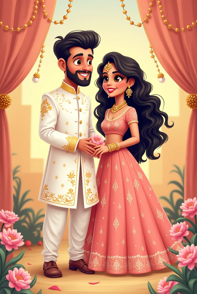 Create a cartoon image of an Indian bride in onion pink engagement lehenga a fat and curly black hair with golden curls and fair skin standing next to a fat groom in white open jacket sherwani with pastel work and fair skin