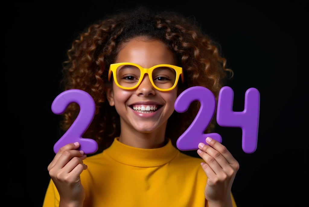 Joyful sexy girl 2 in yellow glasses, advertising photography, holds volumetric purple numbers 24 made of matte plastic, Black background, hairstyle curly hair, Backlight, studio advertising lighting, high detail,