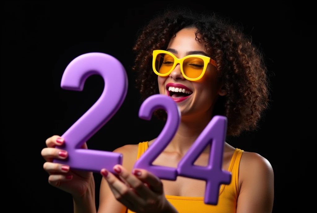 Joyful sexy girl 2 in yellow glasses, advertising photography, holds volumetric purple numbers 24 made of matte plastic, Black background, hairstyle curly hair, Backlight, studio advertising lighting, high detail,