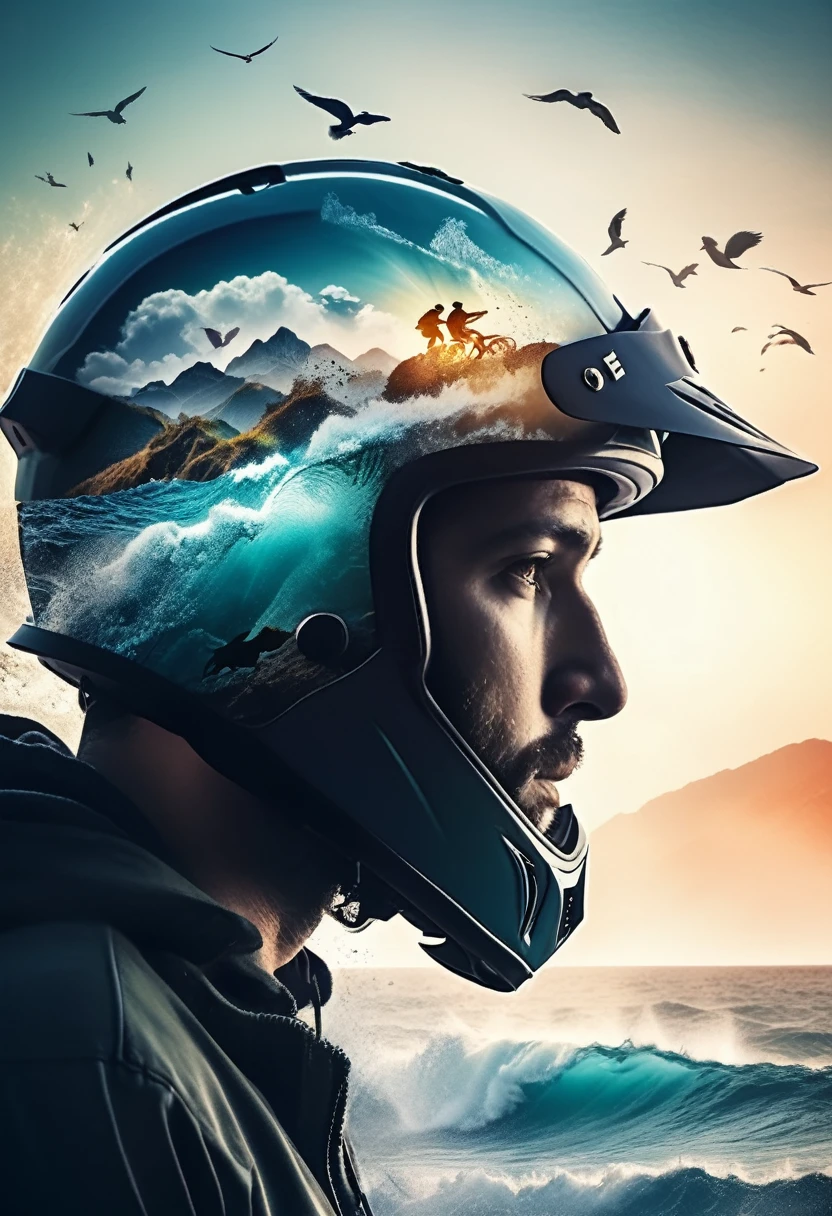 Triple exposure of the silhouette face of a man wearing a motocross helmet profile and the sea with waves and mountains, birds in the air, nature beauty and wonder, magical, majestical, beautiful colors