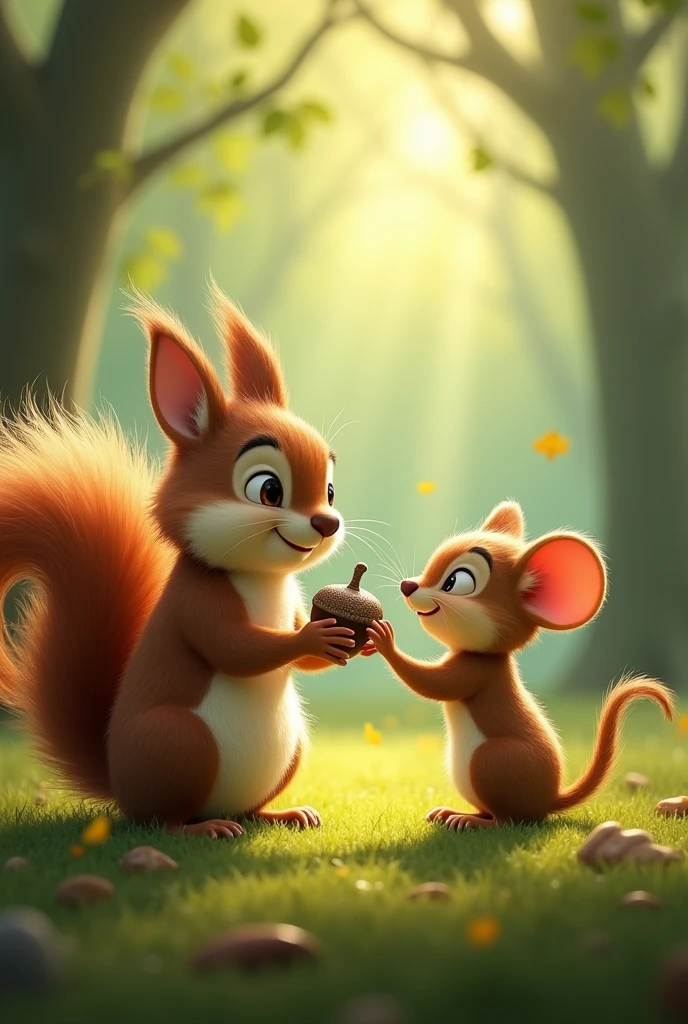 A heartwarming image of Sam offering Benny an acorn from his stash, with Benny looking grateful and apologetic.