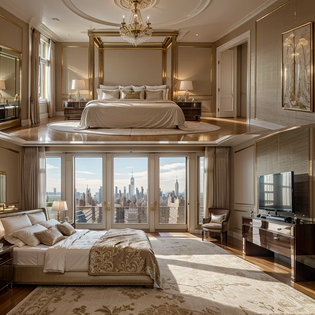 Imagine a billionaire's retreat in a New York City mansion, designing a serene and luxurious bedroom oasis with top-of-the-line features.