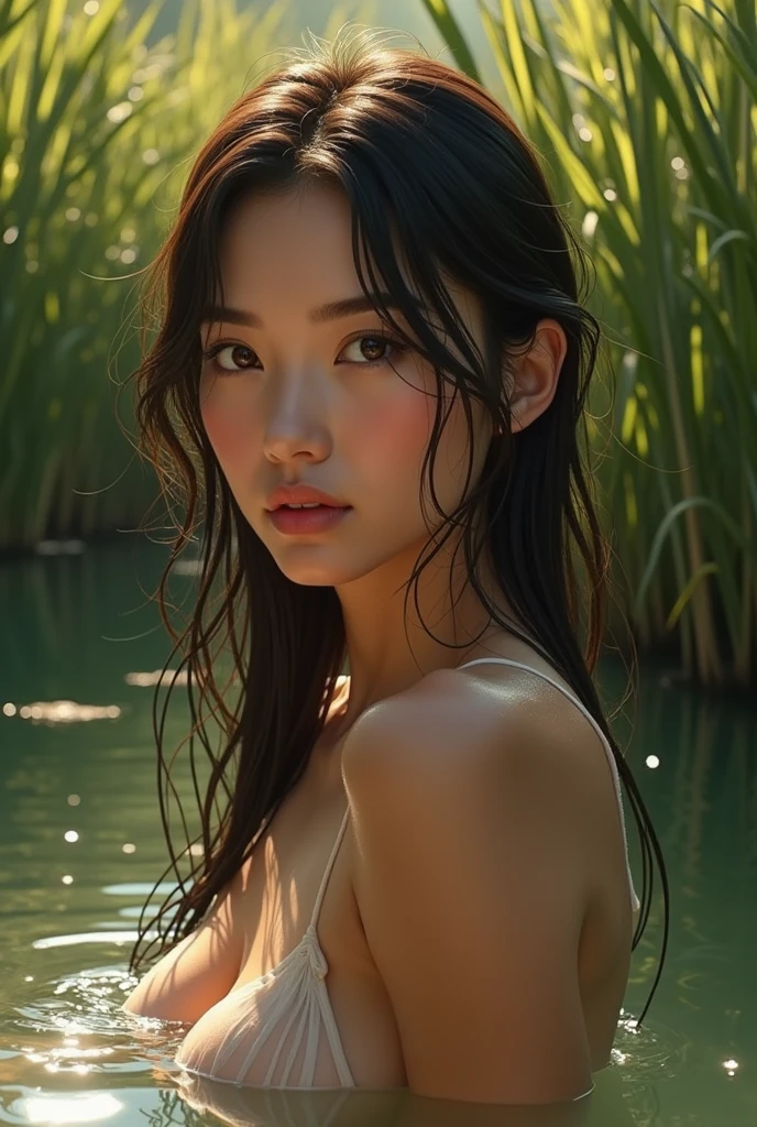 close up portrait of a cute woman (gldot) bathing in a river, reeds, (backlighting), realistic, masterpiece, highest quality, lens flare, shade, bloom, [[chromatic aberration]], by Jeremy Lipking, by Antonio J. Manzanedo, digital painting, naked