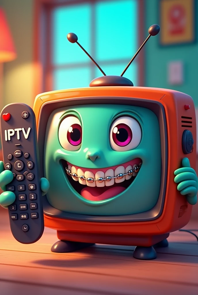 Cartoon style television smiling with braces on teeth with two arms holding a remote control with the word IPTV written on it