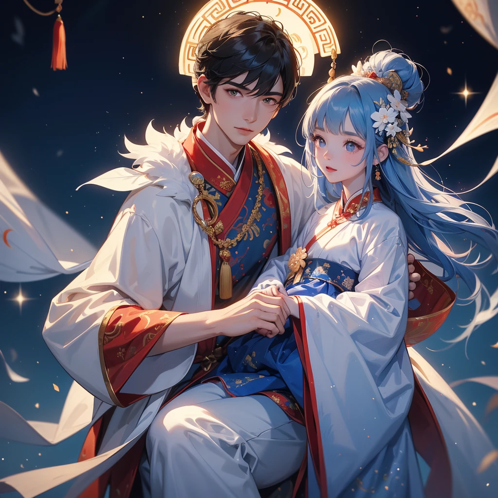 A one-year-old baby boy in an ancient Chinese baby costume with his beautiful mother, dressed in an white ancient Chinese costume, playing with each other, with his handsome father standing next to his mother, close up.
Background is a dark night, with moonlight and millions of stars, twinkling everywhere, with blue light.