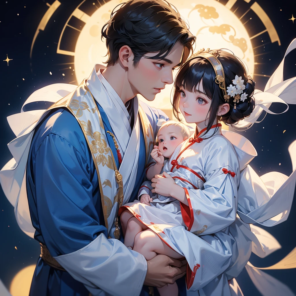 A one-year-old baby boy in an ancient Chinese baby costume with his beautiful mother, dressed in an white ancient Chinese costume, playing with each other, with his handsome father standing next to his mother, close up.
Background is a dark night, with moonlight and millions of stars, twinkling everywhere, with blue light.