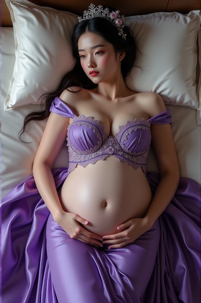 (photorealism:1.2), Using Imperial Purple Dress, beautiful Queen, lying on the bed, A close-up and straight-on view from above, good body, straight body, give up, big breasts, like Diao chan, Moderate face, Pregnant.