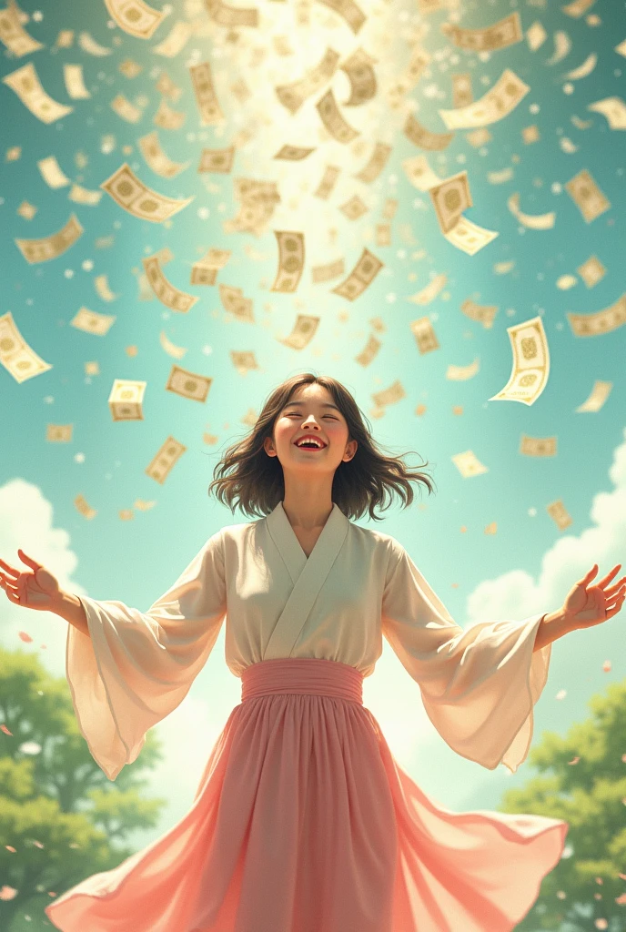 A beautiful Japanese actress smiles happily, looks up, and spreads her arms, waiting to receive money, which has a lot of money falling from the sky.