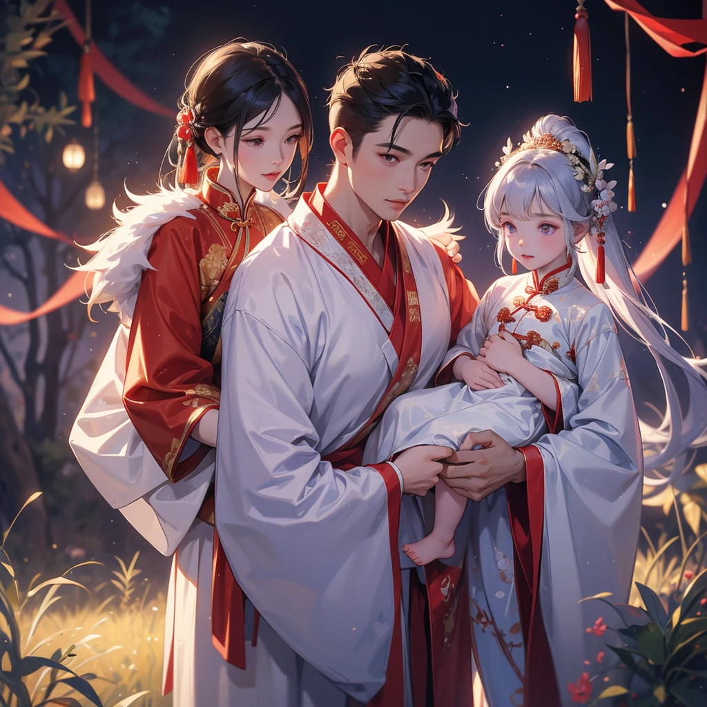 A one-year-old baby boy in an ancient Chinese baby costume with his beautiful mother, dressed in an white ancient Chinese costume, playing with each other, with his handsome father standing next to his mother, close up.

Background is a dark moonless night, with dry trees in the background, and purple glowing light