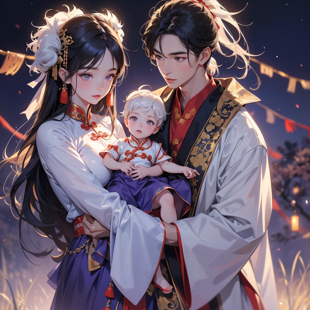 A -yead bab an ancient Chinese baby costume wiis beautiful mother, dressed in an white ancient Chinese costume, playing with each other, with his handsome father standing next to his mother, close up.

Background is a dark moonless night, with dry trees in the background, and purple glowing light