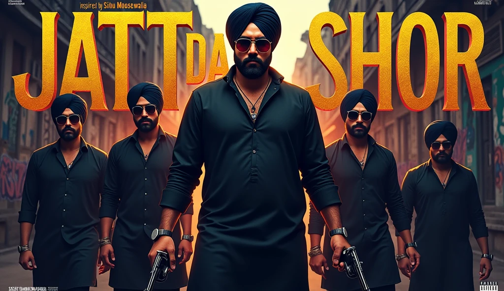 Here's a prompt for creating a thumbnail image for the song "Jatt Da Shor":
**Thumbnail Prompt:**
Create a bold, vibrant thumbnail that reflects the essence of the Punjabi song "Jatt Da Shor," inspired by Sidhu Moosewala's style. The background should feature a dark, gritty urban street with graffiti art, symbolizing the tough life of a Jatt. In the foreground, place a fierce-looking Punjabi man wearing a black kurta, aviator sunglasses, and a traditional turban, holding a microphone in one hand and a classic revolver in the other. Surround him with a group of loyal friends, all wearing similar traditional attire, exuding confidence and power. Include the title "Jatt Da Shor" in bold, metallic gold letters at the top, with "Inspired by Sidhu Moosewala" in smaller text below. The overall tone should be intense and edgy, capturing the vibe of loyalty, pride, and strength.