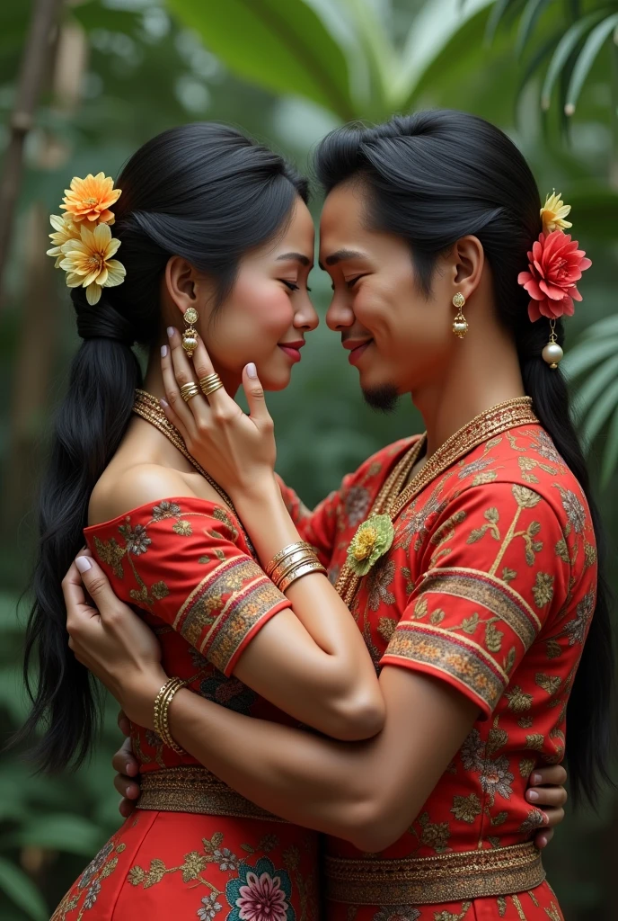 A man and a woman hugging in filipino traditional clothes

