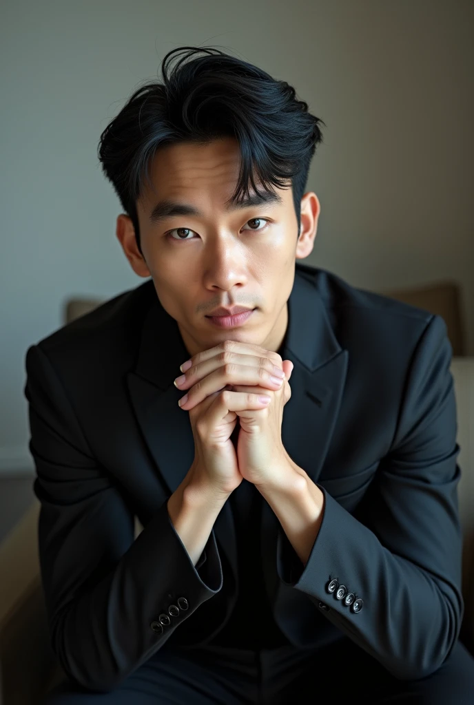 A slim but slightly muscular Japanese man in a suit, Photographed with a smartphone, Top quality, 1 beautiful men, Perfect Face, Japanese men, age 34, suit, ((center part hair)), short hair, black hair, ((oily hair)), Sitting in a chair, hands on chin, Posing like a magazine cover,