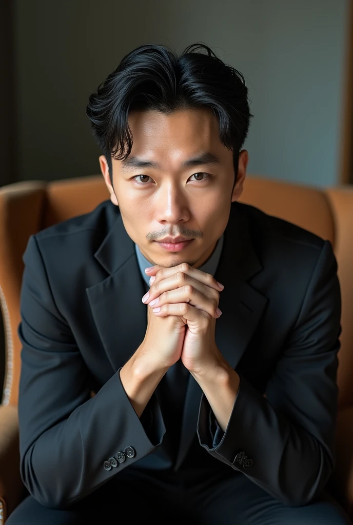 A slim but slightly muscular Japanese man in a suit, Photographed with a smartphone, Top quality, 1 beautiful men, Perfect Face, Japanese men, age 34, suit, ((center part hair)), short hair, black hair, ((oily hair)), Sitting in a chair, hands on chin, Posing like a magazine cover,