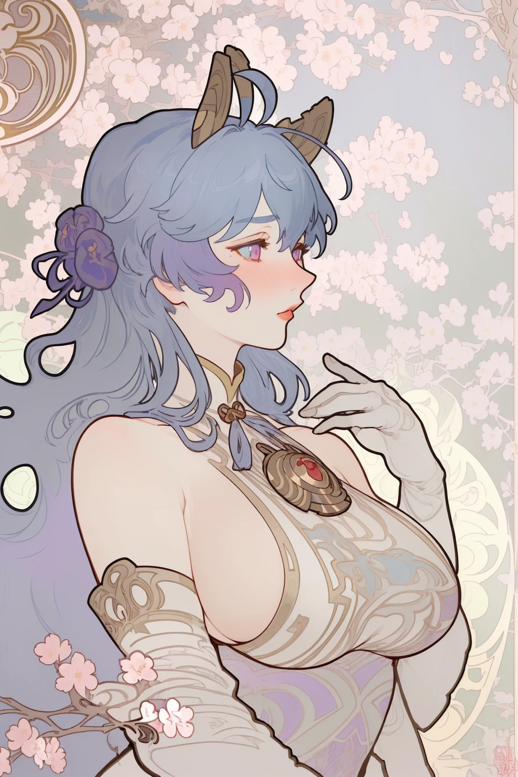 upper body, arms up, elbow squeeze, enormous breasts, (breasts squeezed together), , crop top, (underboob),, upper body, arms up, elbow squeeze, enormous breasts, (breasts squeezed together), White skin, (Fox ears), Exquisite eyes,Red Eyeshadow, Red lips,Fake laugh, Ukiyo-e, masterpiece, ((high quality)),  at the lowest limit, Tiny,White boots，Huge breasts, red nipples,，Bare shoulders，，Lace，Lace stockings，Lace skirt, Art Nouveau Style, poster in a theater, (((art by alphonse mucha))), upper body, blush, profile ,(masterpiece, finely detailed beautiful eyes: 1.2), 1girl, solo, beautiful, small details, ultra detailed, best quality, intricate, sharp, digital illustration, detailed, ((cherry blossoms)), ganyu \(genshin impact\), 1girl, ahoge, bangs, bare shoulders, bell, black gloves, ((light blue hair)), blush, breasts, chinese knot, detached sleeves, flower knot, gloves, long hair,  neck bell, night, outdoors, purple eyes, sidelocks, solo, tassel, white sleeves, ((masterpiece)), curly hair