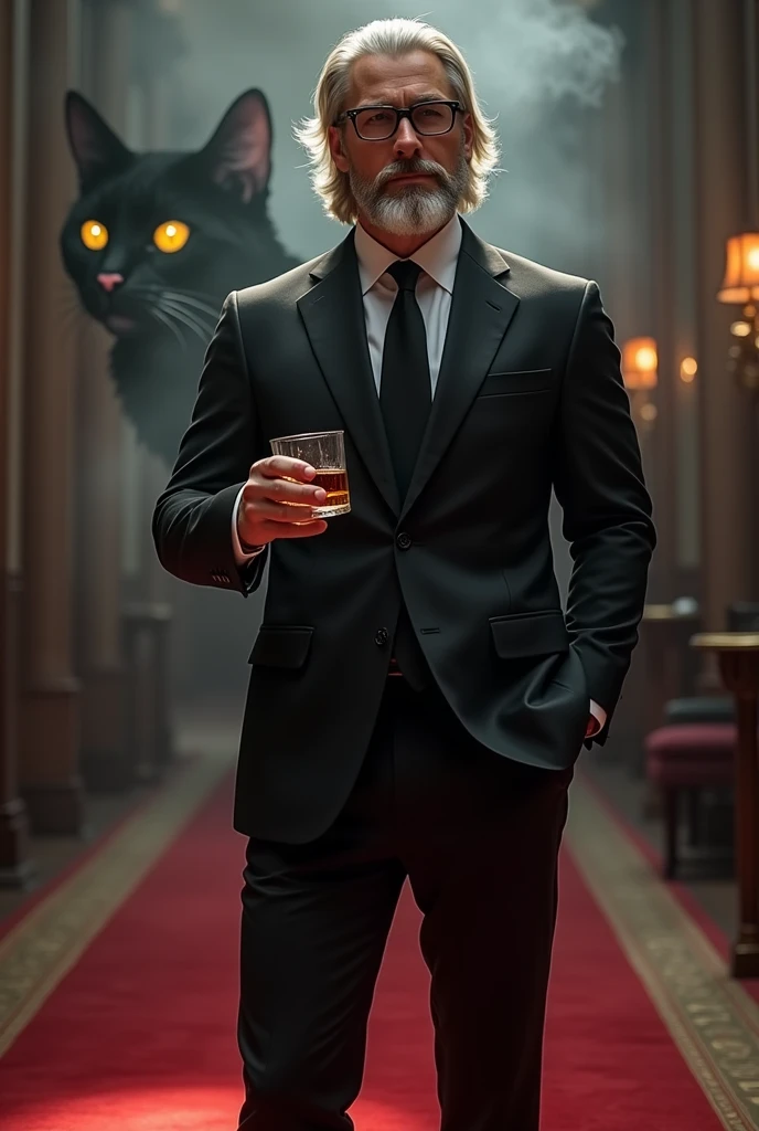 Create a realistic image where a young business man with mid long white coloured hair and beard but he's actually young and wearing black luxury suit and a ni black spectacles and standing on luxury floor with red carpet, he's holding a whiskey glass in his hand and second hand in his pants pocket, there is smoke in background a shadow of cat and cat's eyes is glowing in yellow colour. The name "Kristoff" is showing in bold effects just infront of the man.