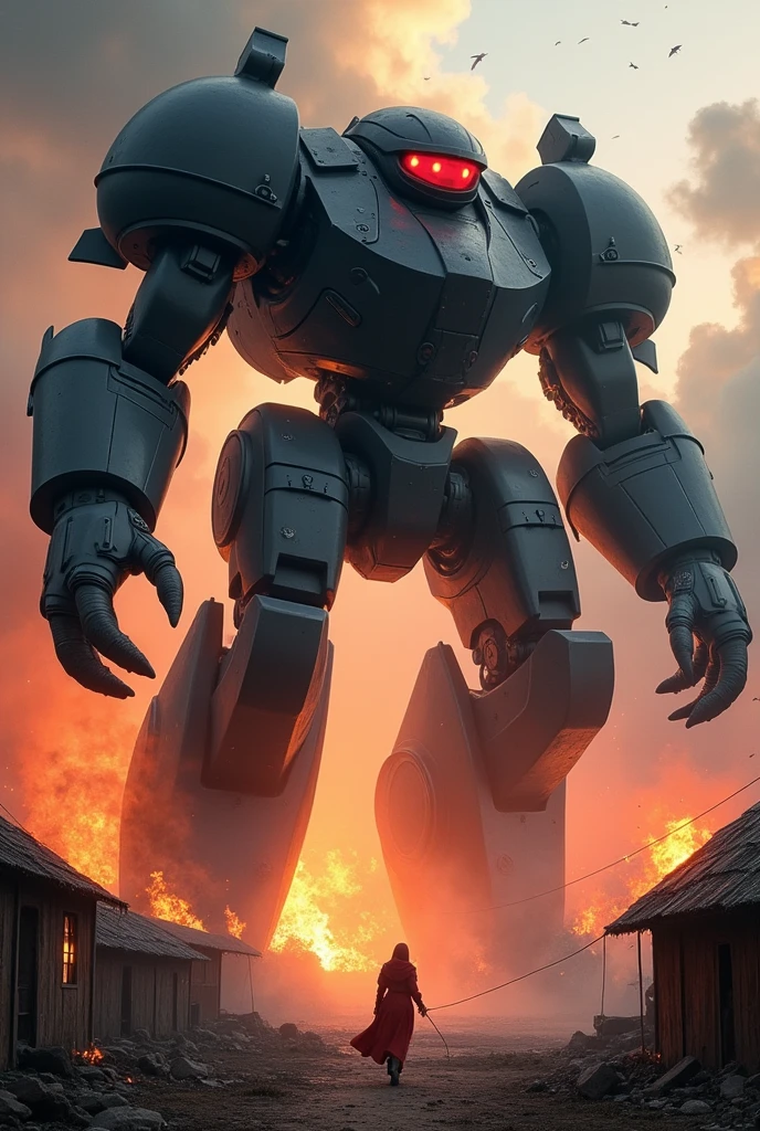 A gigantic and muscular robot meccha black with the red eyes, with class in arms, legery ursa form Village scenery in flames.