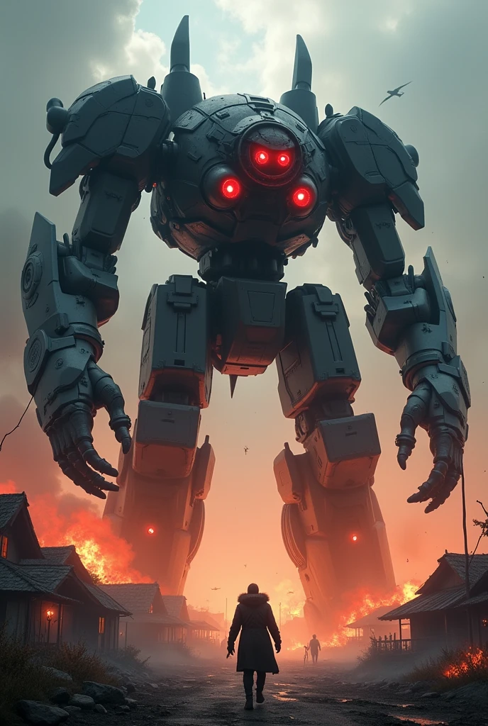 A gigantic and muscular robot meccha black with the red eyes, with class in arms, legery ursa form Village scenery in flames.