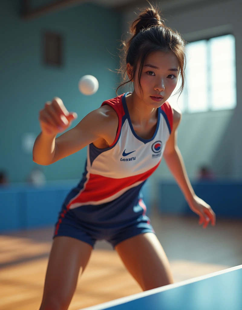 (Photorealism:1.2), beautiful woman, She is playing table tennis.. South Korea national team player.