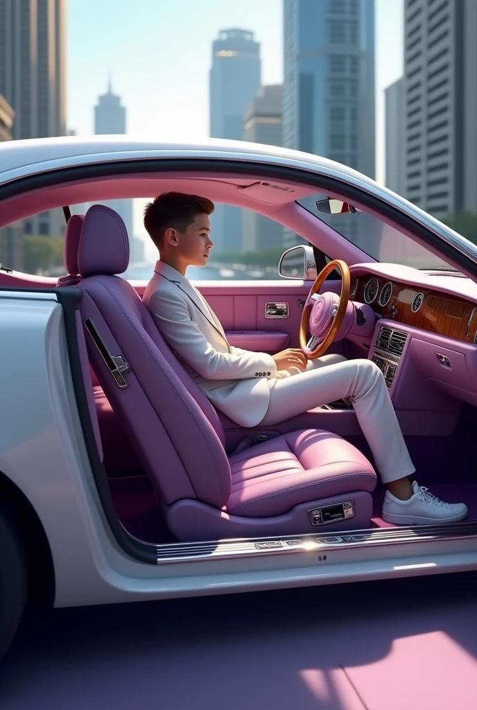 A boy in white and purple rolls royce