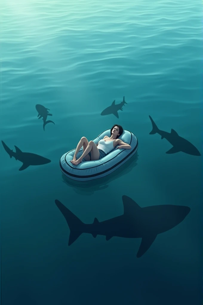 Lying relaxed in a raft in the middle of the ocean surrounded by sharks in the ocean.