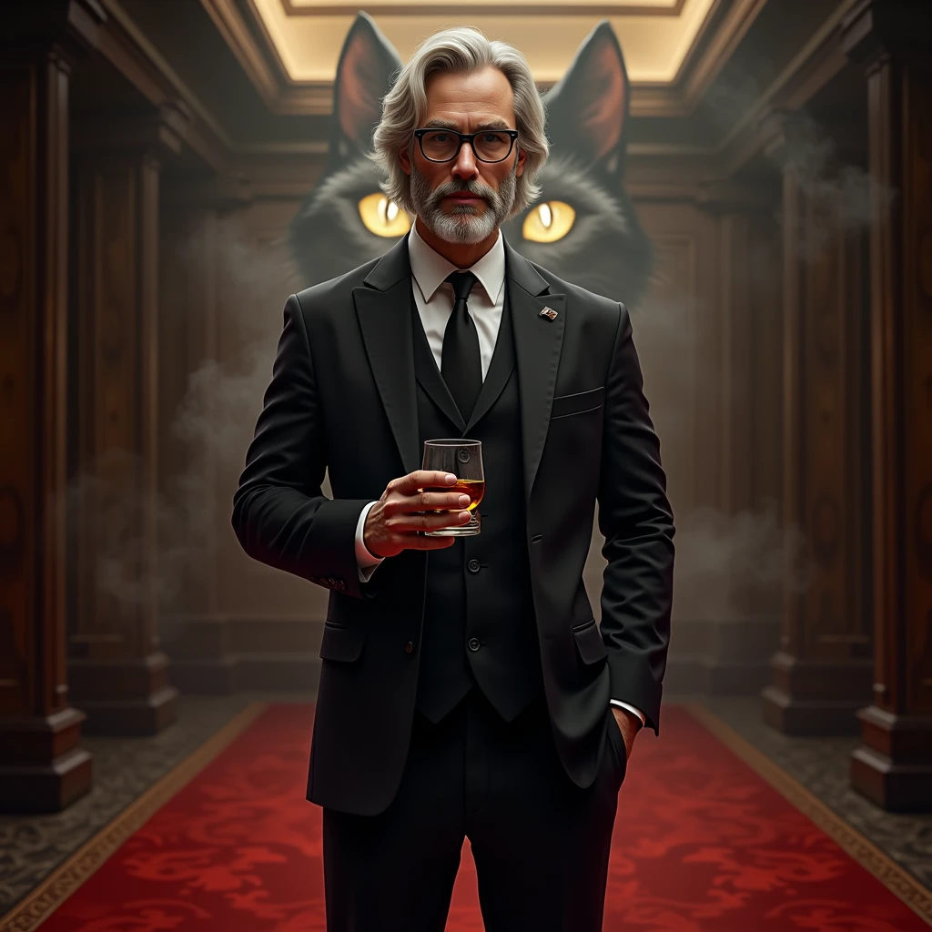 Create a realistic image where a young business man with mid long white coloured hair and beard but he's actually young and wearing black luxury suit and a ni black spectacles and standing on luxury floor with red carpet, he's holding a whiskey glass in his hand and second hand in his pants pocket, there is smoke in background a shadow of cat and cat's eyes is glowing in yellow colour. The name "Kristoff" is showing in bold effects just infront of the man.
