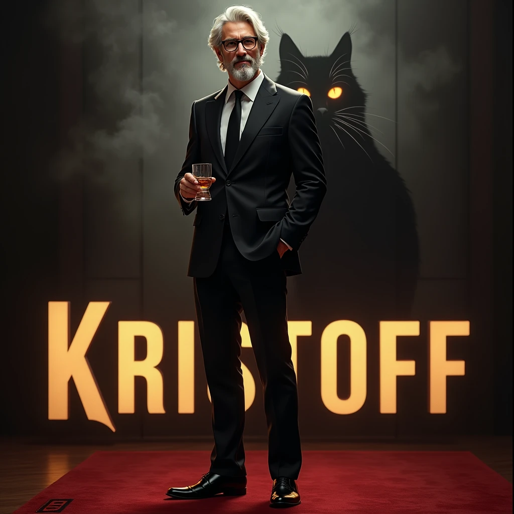 Create a realistic image where a young business man with mid long white coloured hair and beard but he's actually young and wearing black luxury suit and a ni black spectacles and standing on luxury floor with red carpet, he's holding a whiskey glass in his hand and second hand in his pants pocket, there is smoke in background a shadow of cat and cat's eyes is glowing in yellow colour. The name "Kristoff" is showing in bold effects just infront of the man.