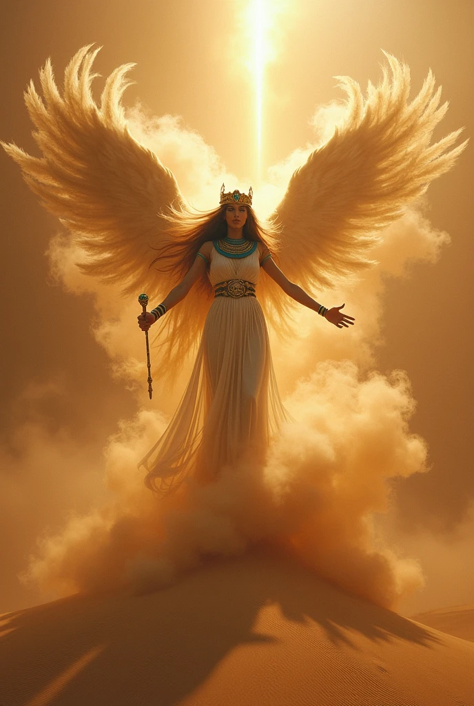 A breathtaking scene where the ancient goddess of Egypt, Isis, emerges from the heart of a swirling sandstorm. Her ethereal figure, draped in a flowing garb that seems to be made of the very fabric of the desert itself, rises gracefully above the towering dunes. The storm rages around her, an opaque veil of gold and crimson hues that starkly contrast with her cool, blue-white aura. Her majestic wings, unfurled, are not of feathers but of shimmering sand particles that dance and weave in the tempest. Her eyes, piercing and serene, hold the secrets of the Nile and the sands of time. A delicate crown adorns her head, a fusion of lotus and solar disk, symbolizing her divine rule over both earth and sky. The sandstorm, rather than obscuring her, seems to be sculpted by her presence, revealing the outline of her powerful form in a moment of divine revelation. As she extends a hand, a gentle calm descends, and a single ray of sunlight pierces the tumultuous sky, casting a spotlight on the emerald scepter she holds, emblematic of her life-giving power. The desert landscape, previously a barren canvas, now pulses with vitality as the storm momentarily subsides, allowing a glimpse of an oasis in the distance. The vividness of the scene is heightened by the stark contrast between the chaos of the storm and the serene confidence of the deity. Every grain of sand in the image seems alive, each one a silent worshiper in the grand theater of her emergence.